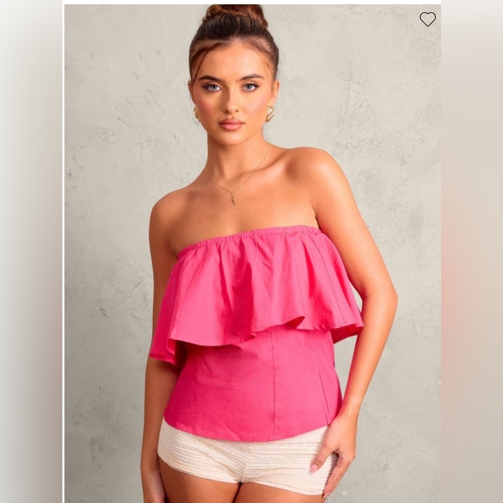 NWT PLT Hot Pink Strapless Cotton Poplin Ruffle Boned Fold Over Top